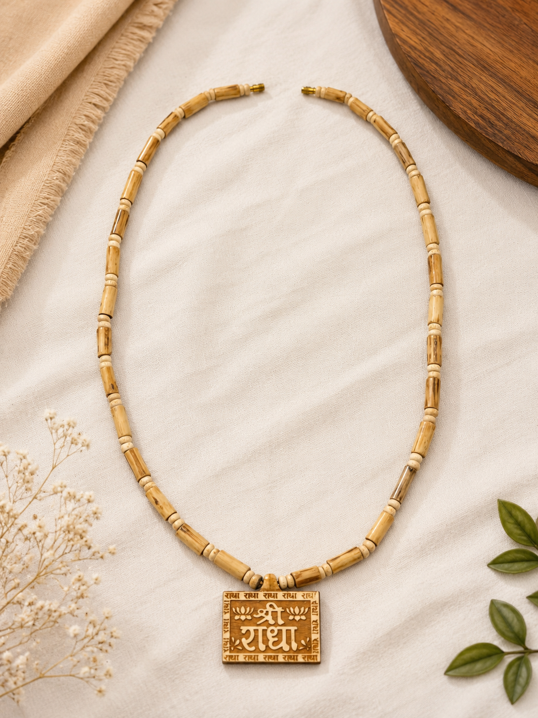 Wooden Shree Radha Square Pendant Kanthi Mala for Men & Women
