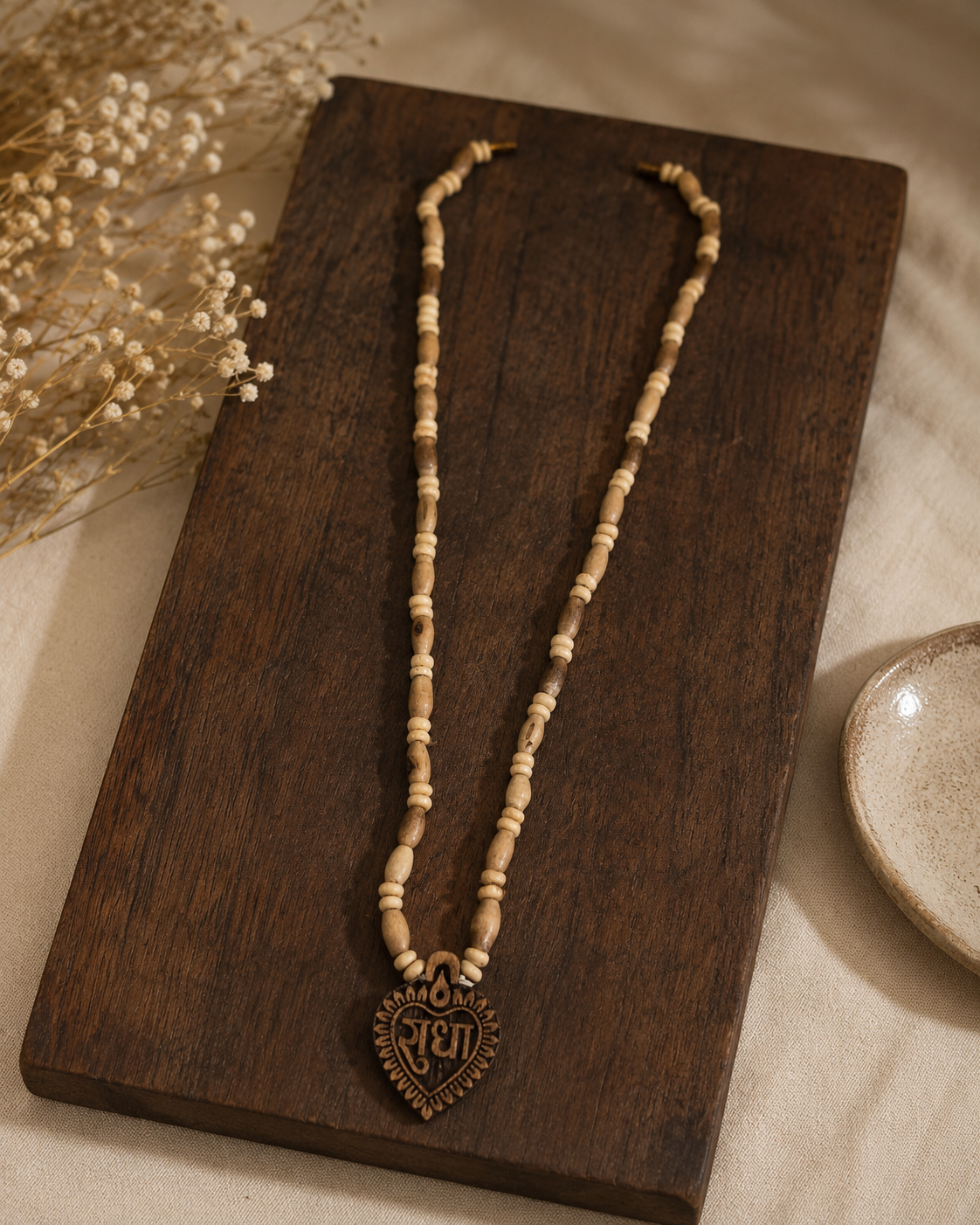 Wooden Radha Engraved Heart Pendant Kanthi Mala for Men & Women