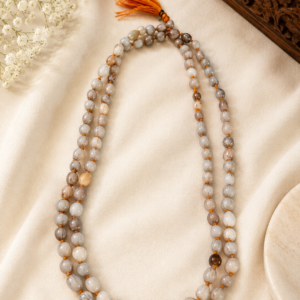 Hand-Knotted Grey Agate Gemstone Mala with Saffron Tassel